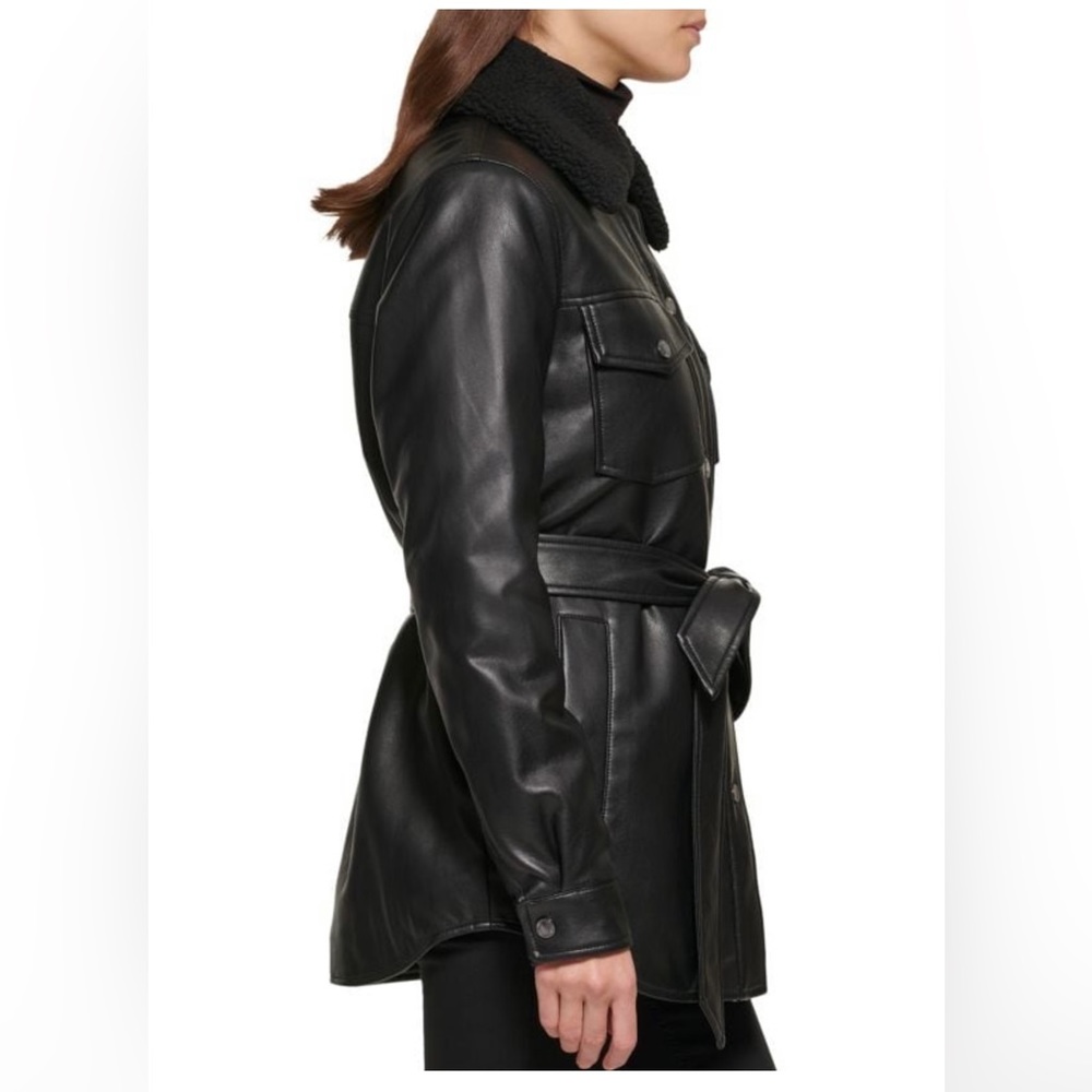 Kenneth Cole- Faux Leather & Sherpa Belted Shirt Jacket - Picture 9 of 10